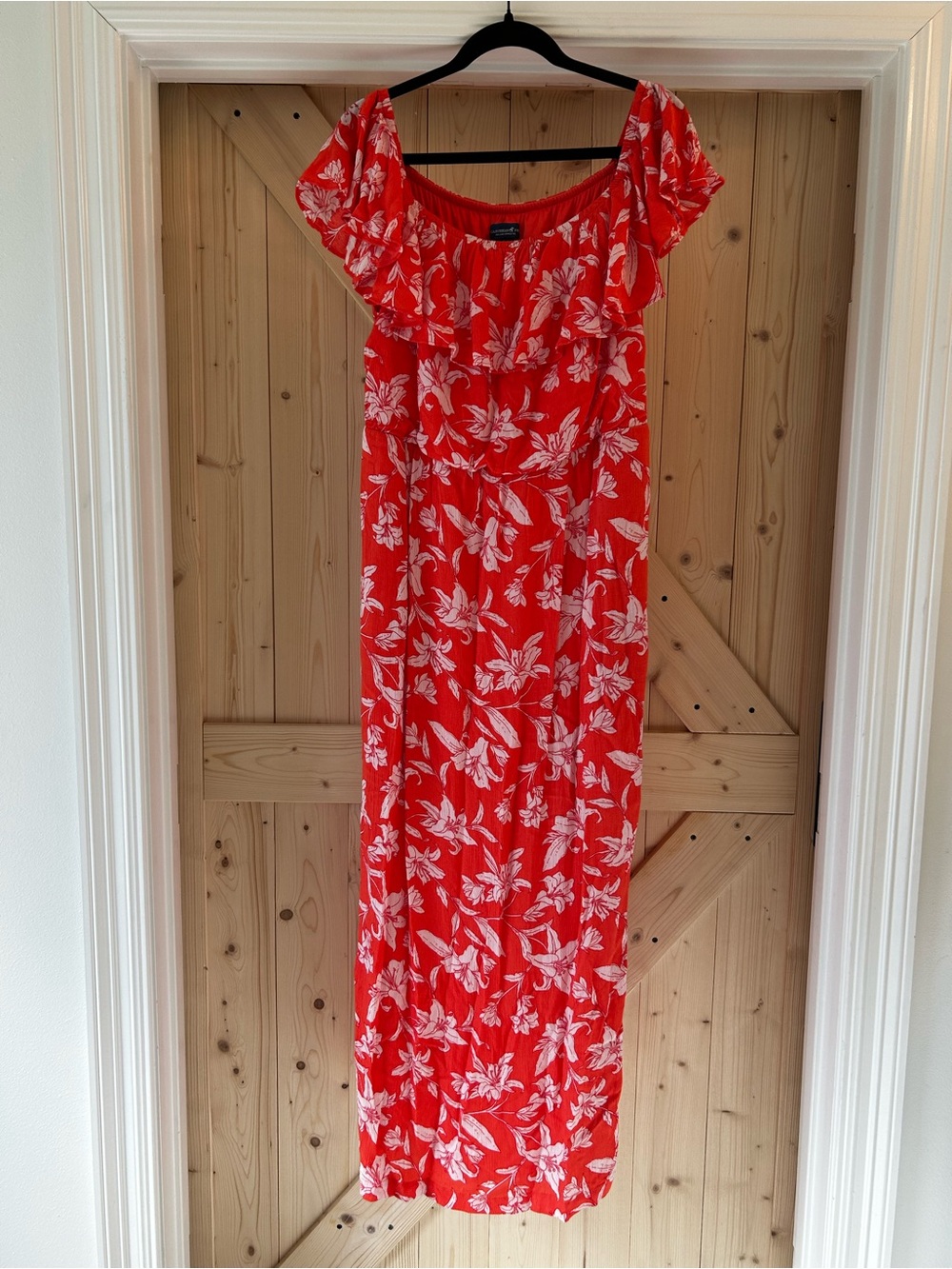 Caribbean Joe Orange Floral Off-Shoulder Maxi Dress with White Print